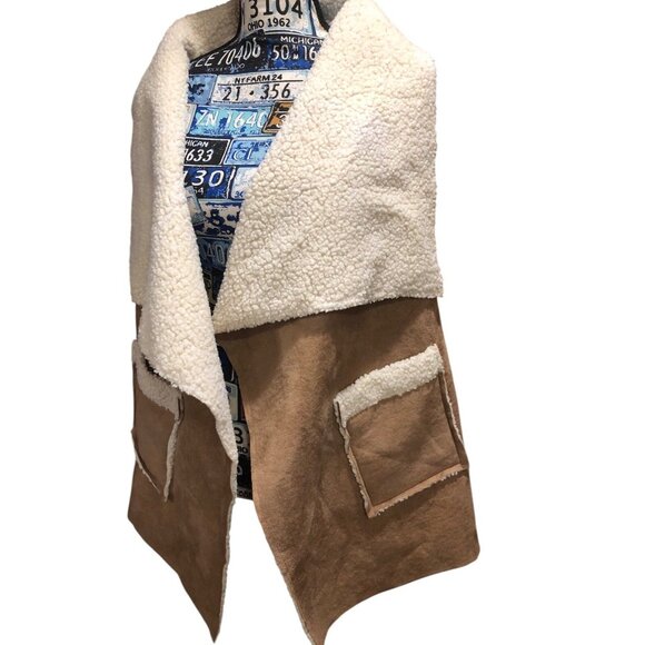 Tan Sherpa Lined Accent Open Front Vest Pockets Warm Cozy Snow Boho Sz L/XL - Picture 3 of 13